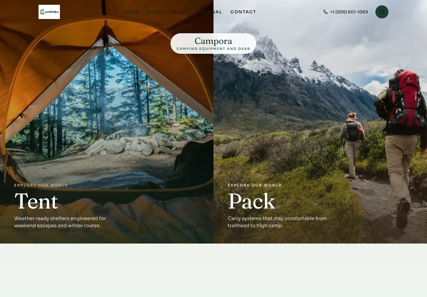 Campora LLC camping homepage with side-by-side tent and backpack collection panels.