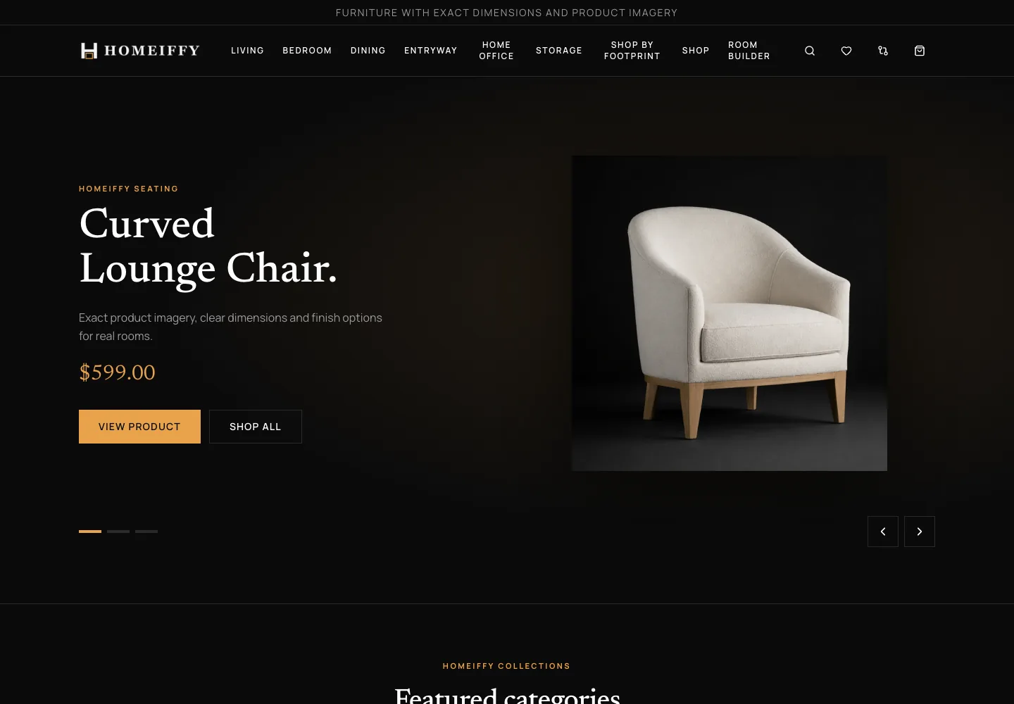 Homeiffy LLC furniture homepage with a curved lounge chair, product price and room-based navigation.