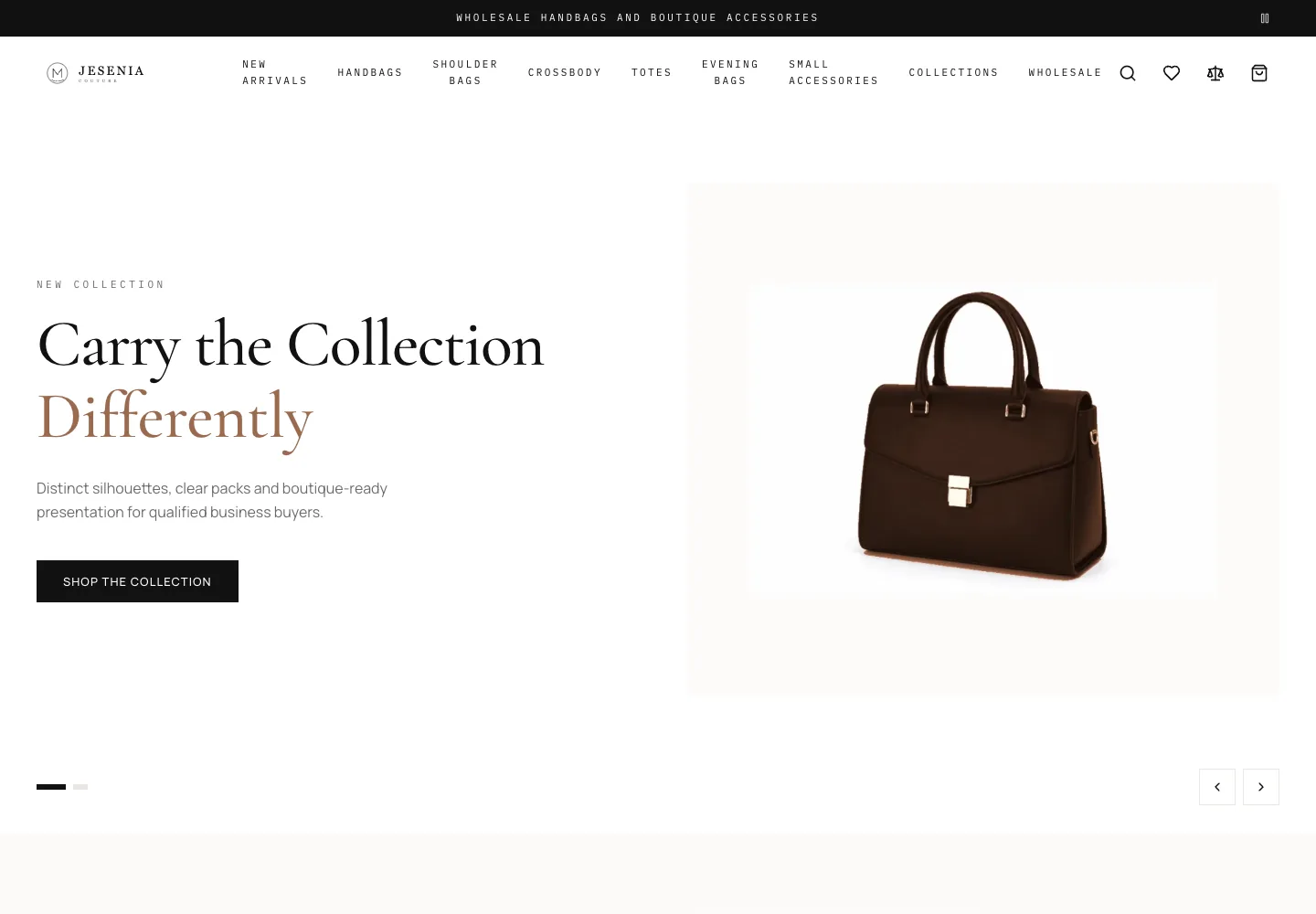 Jesenia Couture wholesale handbag homepage with a featured bag and collection navigation.