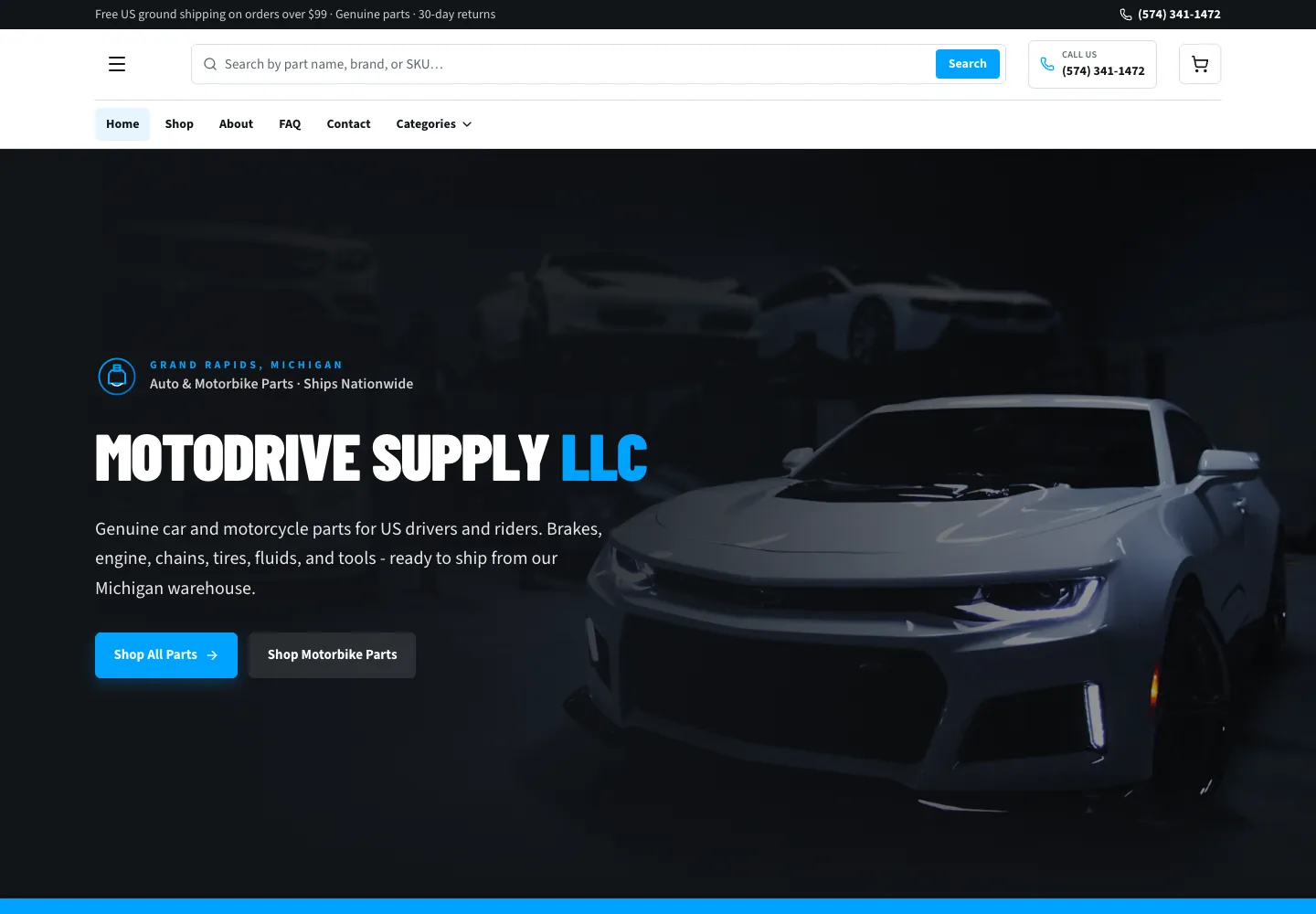 Motodrive Supply LLC parts-store homepage with a car feature and car and motorcycle shopping links.