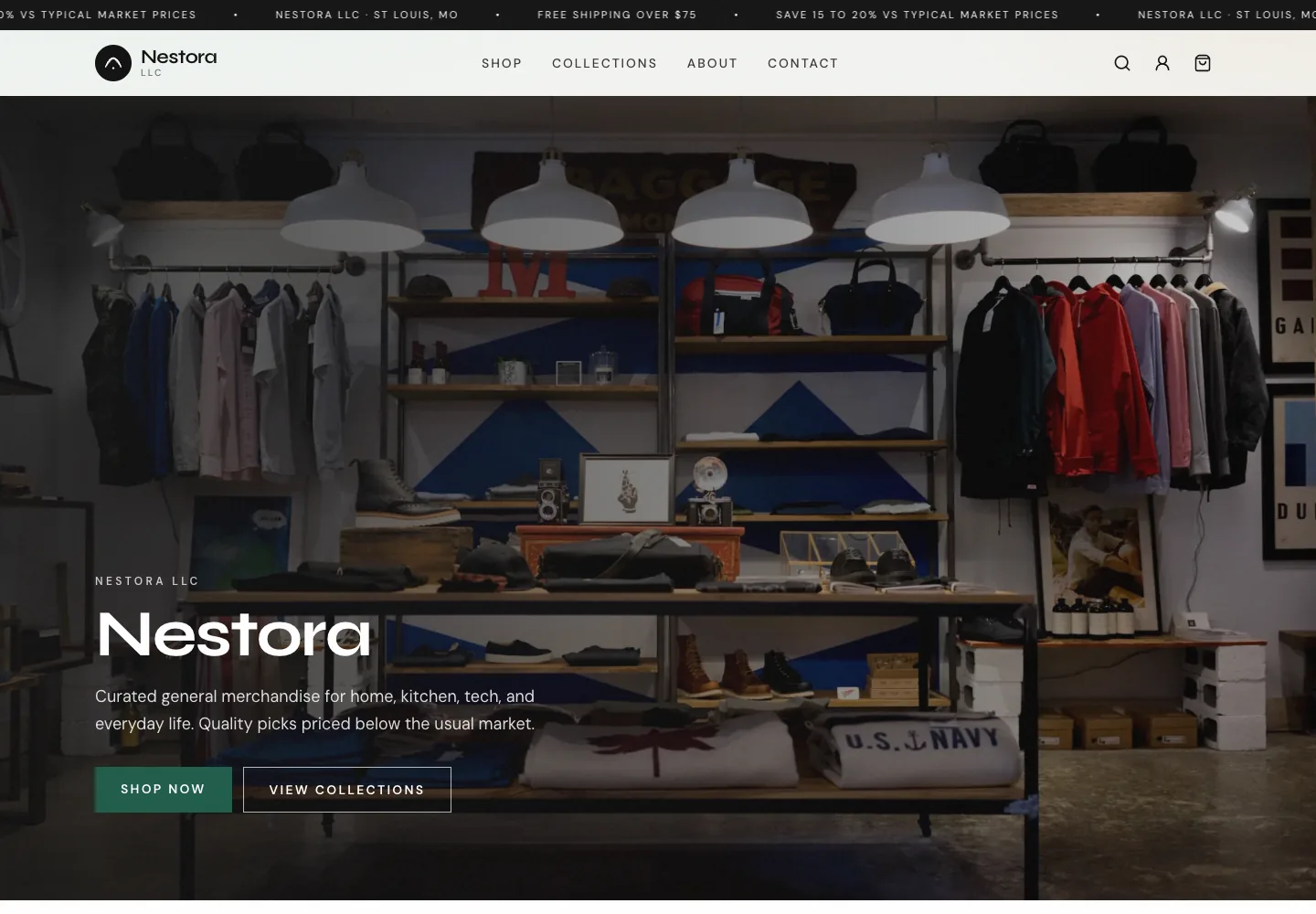 Nestora LLC merchandise homepage with a retail display, collection navigation and a shopping action.