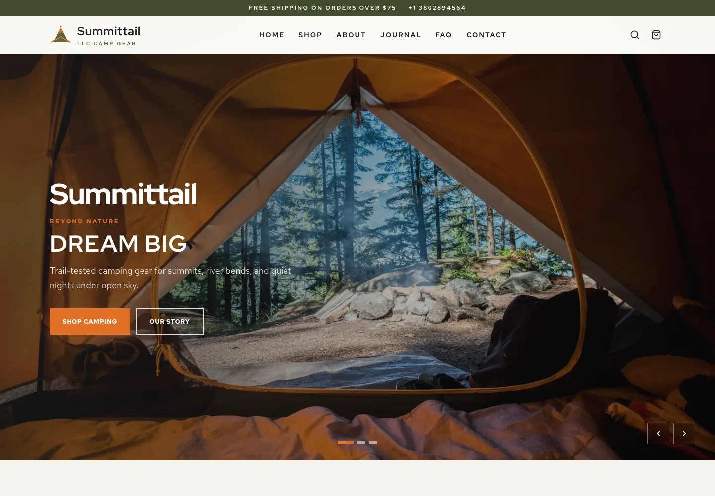 Summittail LLC camping-store homepage with a tent interior and shop and category navigation.