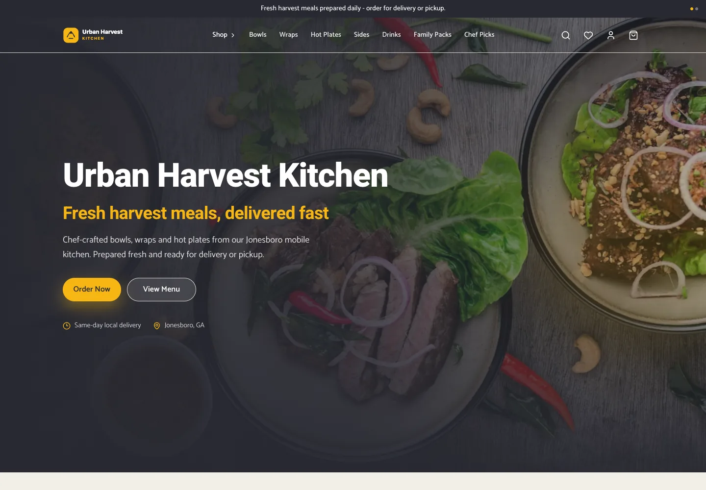 Urban Harvest Kitchen homepage showing meal imagery, menu navigation and ordering links.