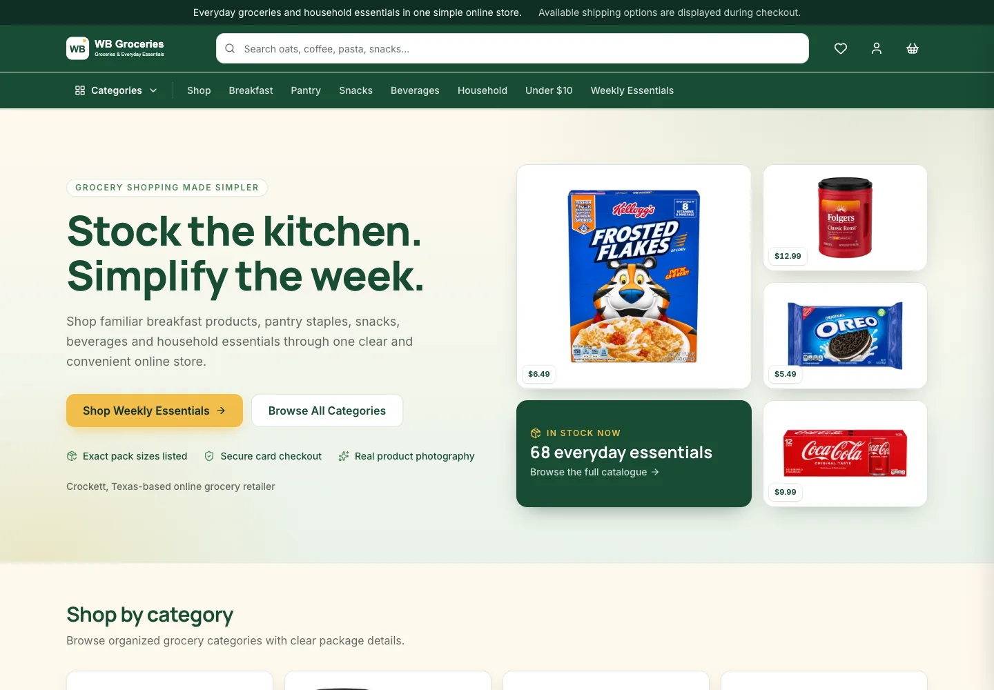 WB Groceries homepage with pantry product imagery, a weekly essentials offer and grocery category navigation.